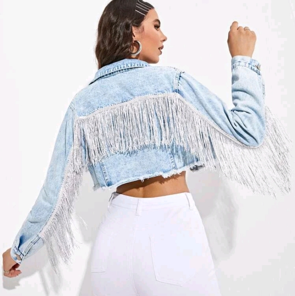 NEW RAW HEM FRINGE DETAIL CROP DENIM JACKET